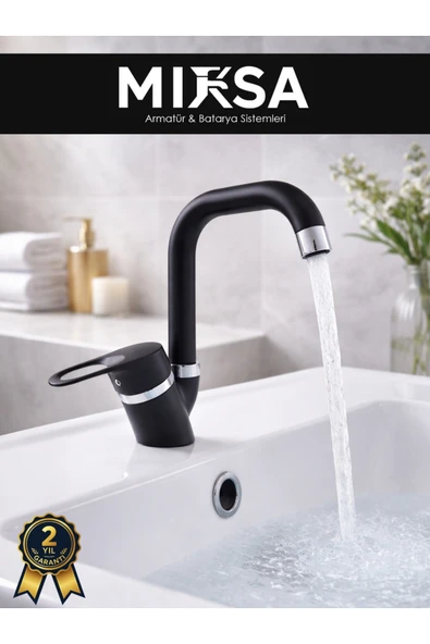 MİXSA Siyah-Krom Köşe Borulu Banyo Lavabo Bataryası, Musluğu, Çeşmesi Çift Su Girişli ürün görseli 1