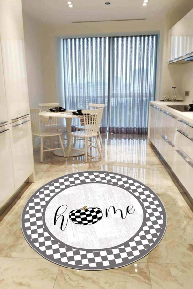 Beyaz Kaymaz Taban Home Yazılı Yuvarlak Mutfak Halısı AR805 ürün görseli 1
