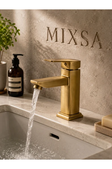 MİXSA Lüx Eskitme Kare Sabit Banyo Lavabo Bataryası Modern Tasarım Eskitme Detay Çeşmesi Musluğu ürün görseli 1