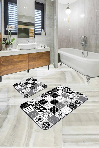 Gri Çini Desenli Banyo Halısı Klozet 2'li Paspas Seti BS205 ürün görseli 1