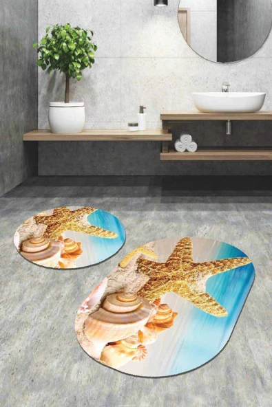 Renkli Marin Desen Oval 2'li Banyo Klozet Paspas Seti BS098 ürün görseli 1