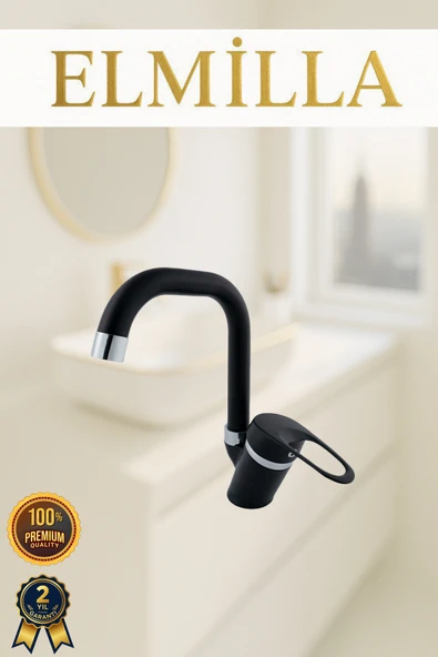elmilla Siyah Krom Banyo Lavabo Musluğu Bataryası Çeşmesi Köşe Borulu Lüx Tasarım Çif Su Giriş ürün görseli 1