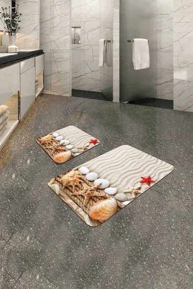 Bej Deniz Kabuklu Banyo Halısı Klozet 2'li Paspas Seti BS210 ürün görseli 1