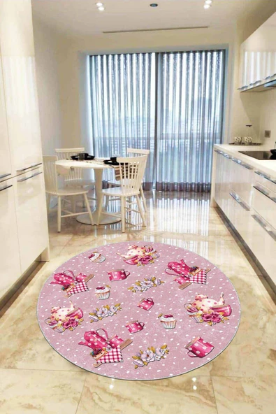 Pembe Kaymaz Çaydanlık Desenli Yuvarlak Mutfak Halısı AR440 ürün görseli 1