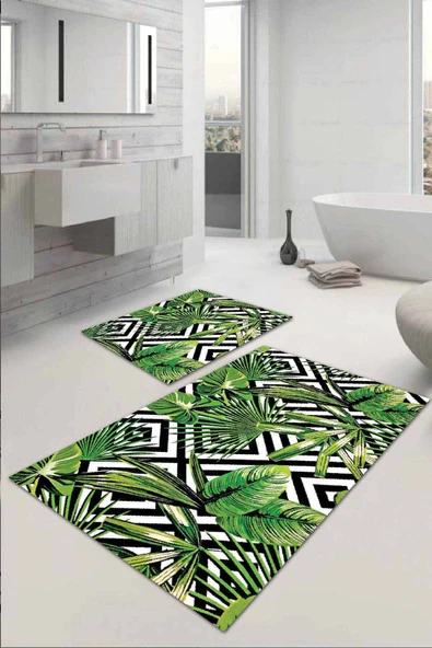 Yeşil Yapraklı Desen Banyo Halısı Klozet Paspas Seti BS037 ürün görseli 1