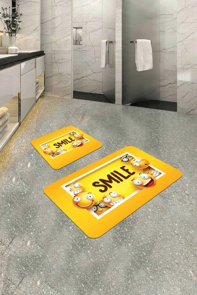 Sarı Smiley Banyo Halısı Klozet Takımı Paspas Seti BS300 ürün görseli 1