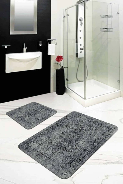 Gri Modern Klasik Banyo Halısı Klozet 2'li Paspas Seti BS239 ürün görseli 1