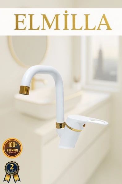 elmilla Beyaz Gold Banyo Lavabo Musluğu Bataryası Çeşmesi Köşe Borulu Lüx Tasarım Çif Su Giriş ürün görseli 1