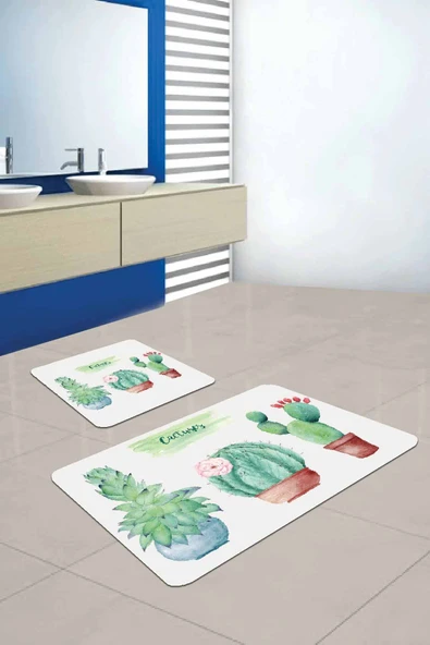 Yeşil Kaktüs Desen Banyo Halısı Klozet Paspas Seti BS243 ürün görseli 1