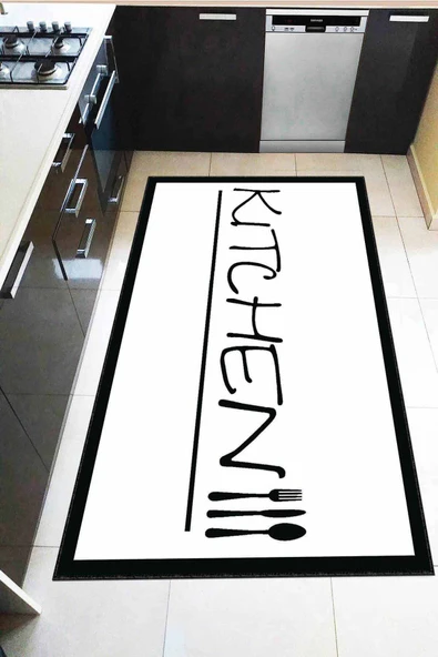 Beyaz Kaymaz Tabanlı Kitchen Yazılı Mutfak Halısı AR182 ürün görseli 1