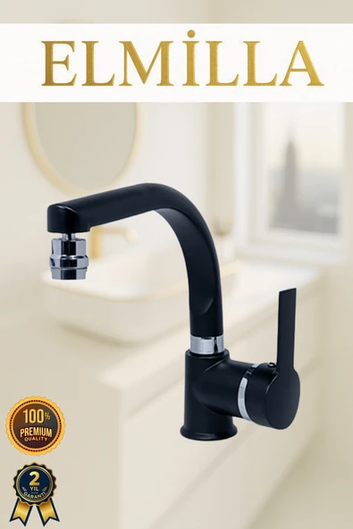 elmilla Siyah Krom Armut Banyo Lavabo Bataryası Çeşmesi Musluğu Çift Su Girişli Oynar Başlıklı ürün görseli 1