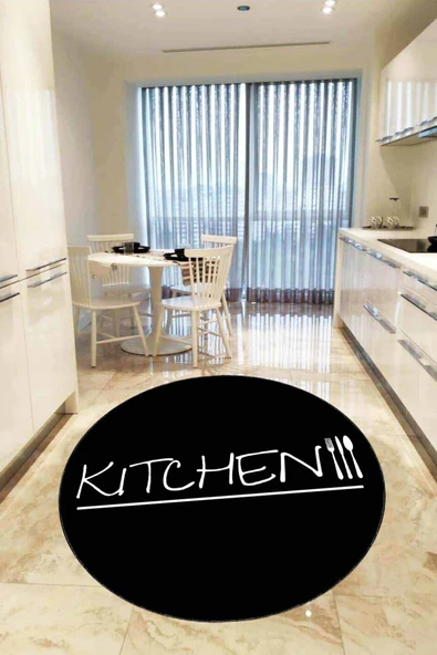 Siyah Kaymaz Kitchen Yazılı Yuvarlak Mutfak Halısı AR430 ürün görseli 1