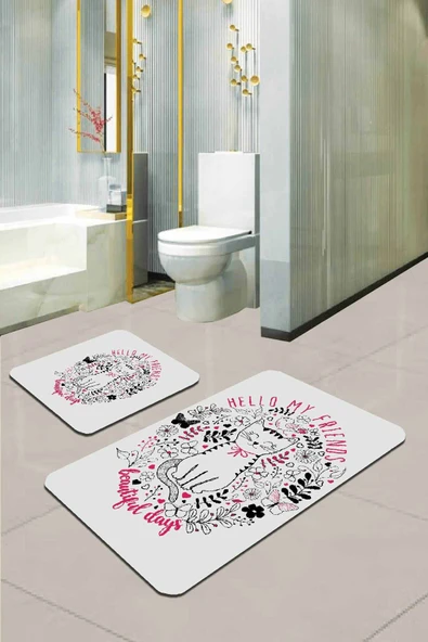 Fuşya Kedili Desen Banyo Halısı Klozet Paspas Seti BS255 ürün görseli 1