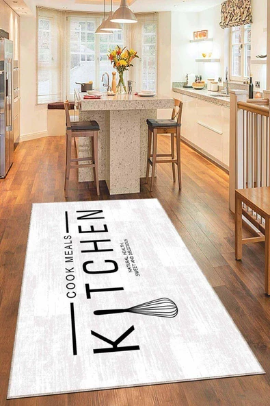 Beyaz Kaymaz Tabanlı Kitchen Yazılı Mutfak Halısı AR798 ürün görseli 1