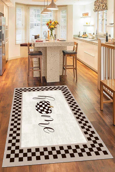 Bej Kaymaz Tabanlı Yıkanır Home Desenli Mutfak Halısı AR796 ürün görseli 1
