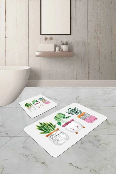 Yeşil Kaktüslü Banyo Halısı Klozet Takımı Paspas Seti BS242 ürün görseli 1