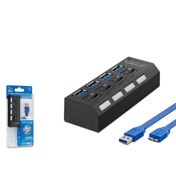 Hadron Hdx7023 Usb3.0 Hub Anahtarlı 4 Port 0,5M Siyah ürün görseli 1