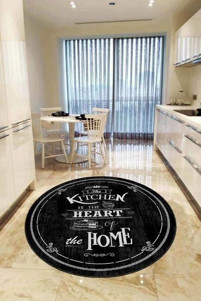 Siyah Kaymaz Kitchen Yazılı Yuvarlak Mutfak Halısı AR466 ürün görseli 1