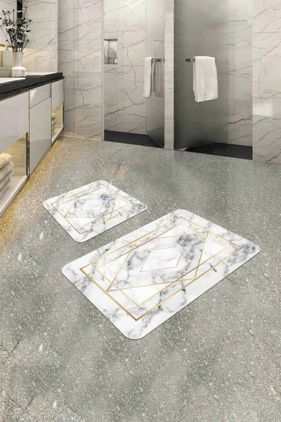 Beyaz Mermer Görünümlü Banyo Halısı Klozet Paspas Seti BS345 ürün görseli 1