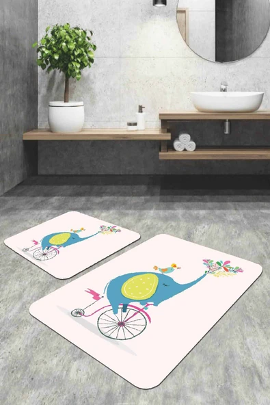 Pudra Fil Desenli Banyo Halısı Klozet 2'li Paspas Seti BS320 ürün görseli 1
