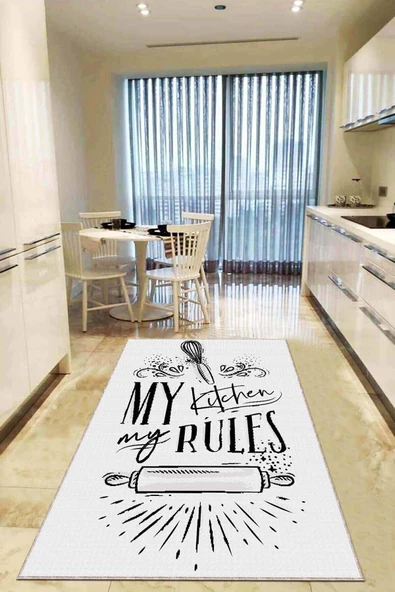 Beyaz Kaymaz Tabanlı My Kitchen My Rules Mutfak Halısı AR853 ürün görseli 1