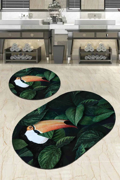 Yeşil Yapraklı Banyo Halısı Klozet Oval Paspas Seti BS088 ürün görseli 1
