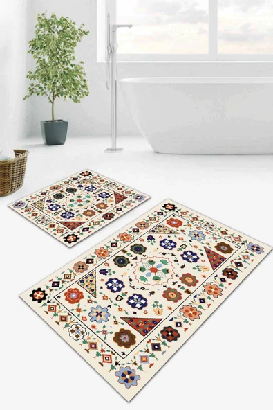 Krem Etnik Desen Banyo Halısı Klozet 2'li Paspas Seti BS040 ürün görseli 1