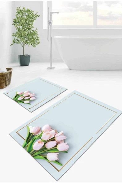 Açık Mavi Çiçekli Banyo Halısı Klozet 2'li Paspas Seti BS010 ürün görseli 1