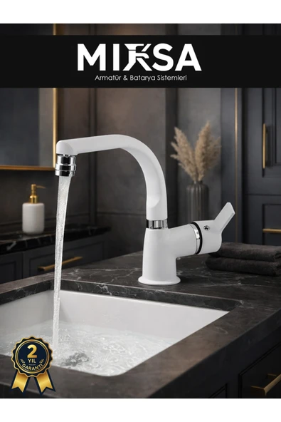 MİXSA Beyaz-Krom Armut BalıkSrıtı Borulu Oynar Başlıklı Perlatörlü Banyo Lavabo Bataryası, ÇiftSuGirişli ürün görseli 1