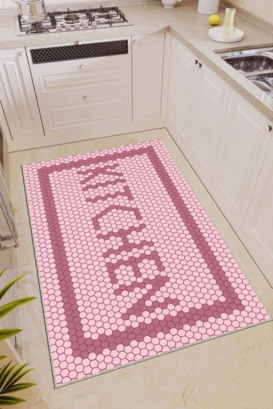Pembe Kaymaz Tabanlı Kitchen Yazılı Mutfak Halısı AR493 ürün görseli 1