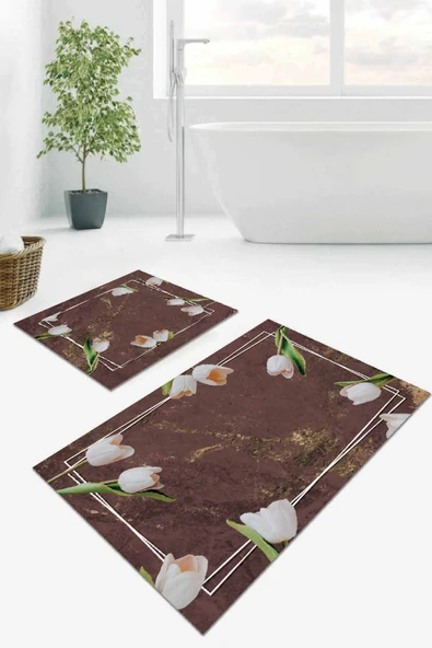 Kahverengi Çiçek Desen Banyo Halısı Klozet Paspas Seti BS012 ürün görseli 1