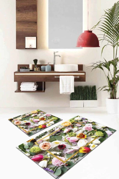 Renkli Çiçekli Banyo Halısı Klozet Takımı Paspas Seti BS006 ürün görseli 1