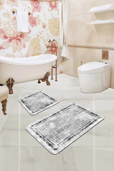 Gri Modern Klasik Banyo Halısı Klozet 2'li Paspas Seti BS286 ürün görseli 1