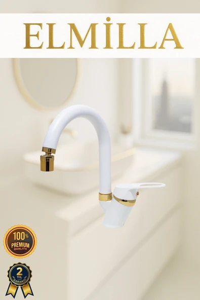 elmilla Beyaz Gold Banyo Lavabo Musluğu Bataryası Baston Borulu Lüx Tasarım Çif Su Giriş Oynar Başlıklı ürün görseli 1