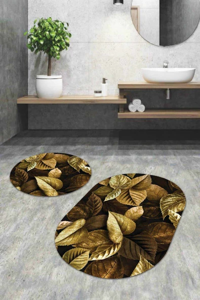 Gold Yaprak Desen Banyo Halısı Klozet Oval Paspas Seti BS086 ürün görseli 1