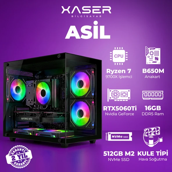 Xaser Asil X20 Ryzen 7 9700X 16GB DDR5 Ram 512GB M.2 NVMe SSD 8GB RTX5060Ti Oyuncu Bilgisayar ürün görseli 1