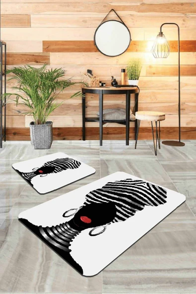 Ekru Etnik Desenli Banyo Halısı Klozet Paspas Seti BS231 ürün görseli 1