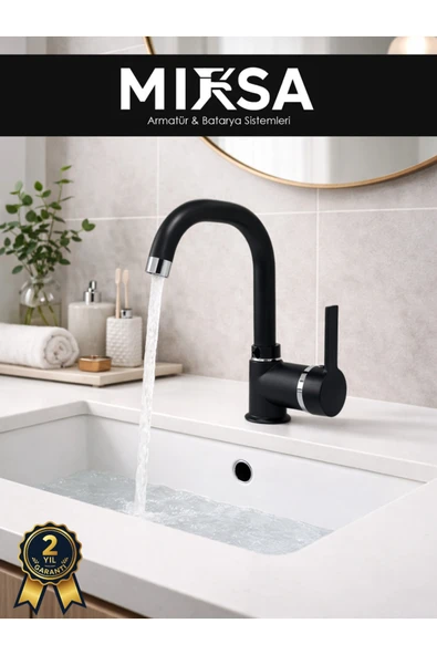 MİXSA Siyah-Krom Armut Köşe Borulu Banyo Lavabo Bataryası Çeşmesi Musluğu Çift Su Girişli ürün görseli 1
