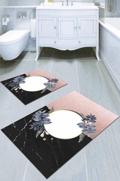 Pembe Çiçekli Desen Banyo Halısı Klozet Paspas Seti BS005 ürün görseli 1