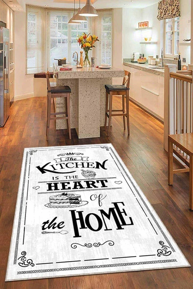 Beyaz Kaymaz Tabanlı Kitchen Yazılı Mutfak Halısı AR507 ürün görseli 1