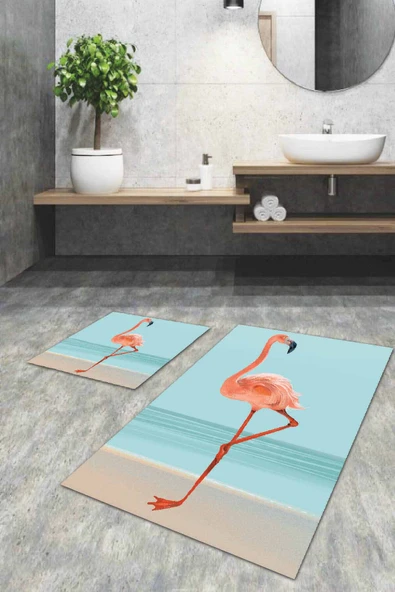 Turkuaz Flamingolu Banyo Halısı Klozet Paspas Seti BS043 ürün görseli 1