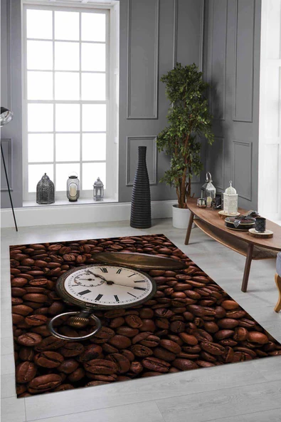 Kahverengi Kaymaz Tabanlı Coffee Temalı Mutfak Halısı MT31 ürün görseli 1