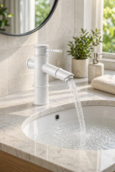 MİXSA Premium Bambu Beyaz Banyo Lavabo Bataryası Çeşmesi Musluğu Modern Musluk ürün görseli 1
