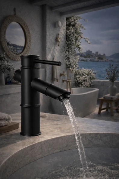 MİXSA Lüx Premium Bambu Siyah Banyo Lavabo Musluğu Çeşmesi ürün görseli 1