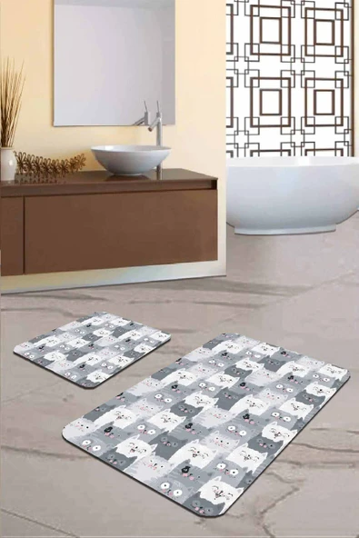 Gri Kedi Desenli Banyo Halısı Klozet 2'li Paspas Seti BS253 ürün görseli 1