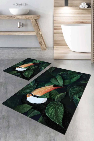 Yeşil Yapraklı Banyo Halısı Klozet Takımı Paspas Seti BS046 ürün görseli 1