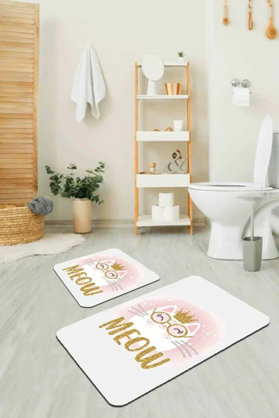 Pembe Kedi Temalı Banyo Halısı Klozet 2'li Paspas Seti BS260 ürün görseli 1