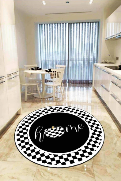 Siyah Kaymaz Taban Home Yazılı Yuvarlak Mutfak Halısı AR845 ürün görseli 1