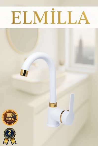 elmilla Beyaz Gold Armut Delta Kol Baston Borulu Banyo Lavabo Bataryası Çeşmesi Musluğu Çift Su Girişli ürün görseli 1
