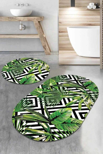 Yeşil Yapraklı Desen Oval Banyo Klozet Paspas Seti BS079 ürün görseli 1